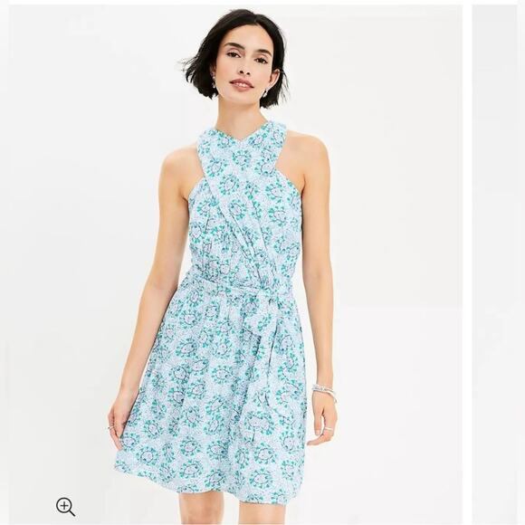 NWT LOFT Bloom Crossover Halter Dress Mint Green Pattern Size 14 - Picture 1 of 11